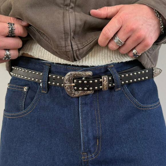 2000s Western Black Silver Studded Belt – Vintage Style, Unisex, Brand New - Picture 2 of 8